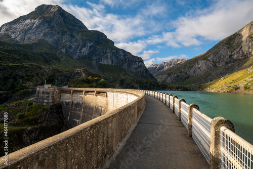 Hydrotechnical firewall on the mountain lake in the Pyrenees of Lac des Gloriettes - France