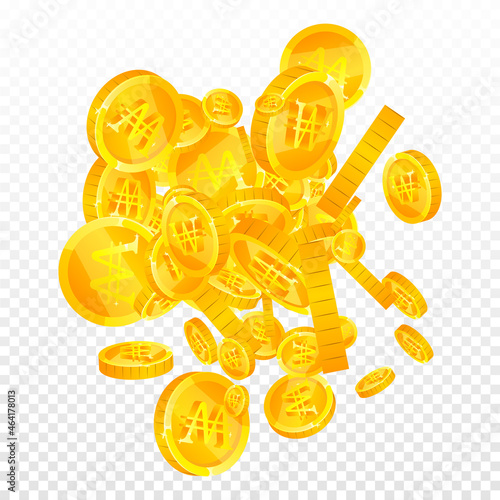 Korean won coins falling. Amazing scattered WON coins. Korea money. Ravishing jackpot, wealth or success concept. Vector illustration.