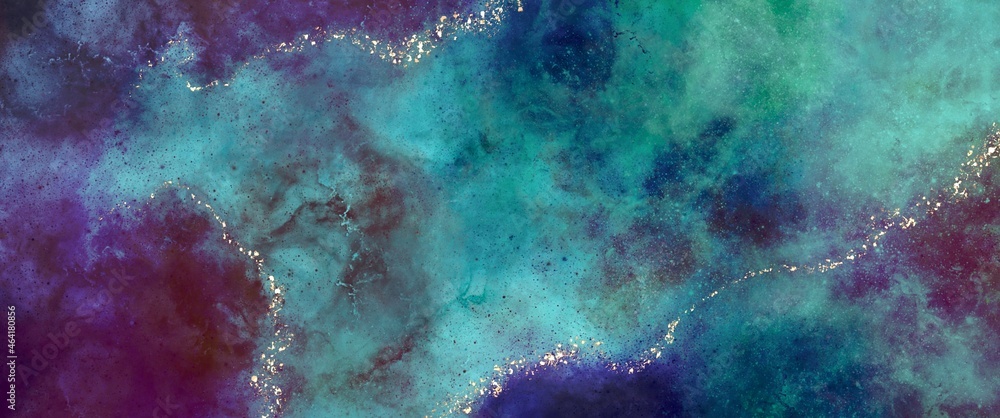 Abstract dark galaxy theme space background, colorful nebula effect, milky way, open space, stars, alcohol ink, golden paths elements, strong texture, unique wallpaper and pattern, deocration	