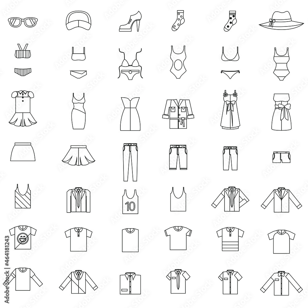 Outline Men and women clothing accessories flat vector icon collection set Outline Men and women clothing accessories flat vector icon collection set