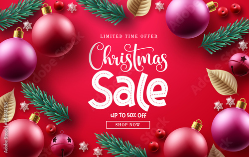 Merry christmas sale vector banner design. Christmas limited time offer text with xmas holiday elements decoration for promotional background. Vector illustration. 