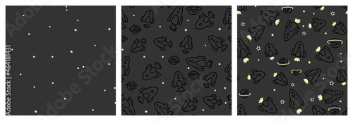 Cosmic seamless pattern set with planet, spaceship and star vector hand drawn graphic for kids bedding textile or clothing.