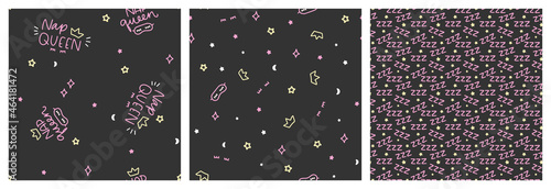 Dark sleeping, bedtime and night rest themed seamless pattern set with zzz sound imitation sign, sleep masks and stars to use for pajama or hight clothing.