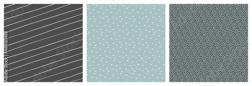 Minimalist scandinavian seamless pattern set in dark grey and pastel blue soft colours. Coordinating repeat neutral backgrounds.