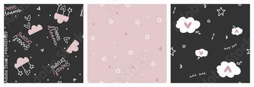 Cute hand-drawn vector graphic and lettering with clouds, hearts, closed sleepy eyes and stars in dusty pink and black neutral colours. Sweet dreams non directional seamless pattern set for the girl's