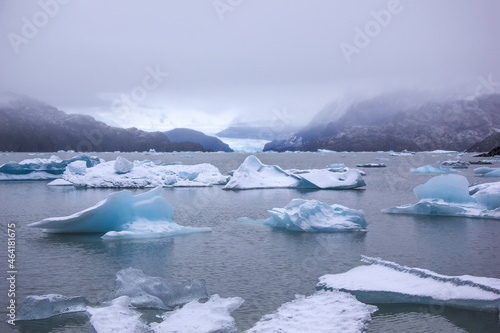 Glaciar Grey in Patagonia. Floe located in Torres del Paine National Park, in the south of the Chili province Magallanes Region and Antartica Chilena, Puerto Natales
