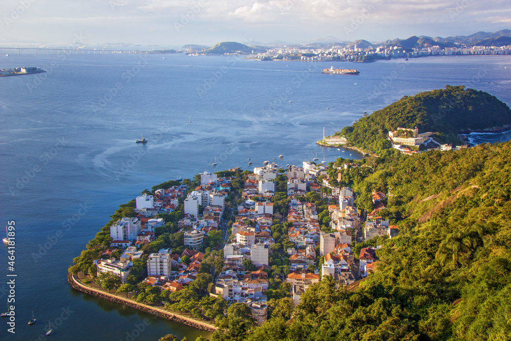 Rio de Janeiro, Brazil. Suggar Loaf and Botafogo beach. Viewed from Urka mountain viewpoint