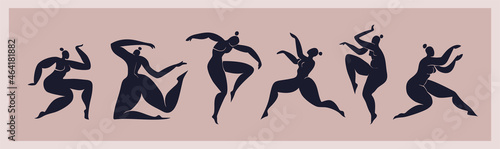 Matisse inspired Dancing women isolated. Set of cut out black female silhouettes. Abstract curvy women cut from paper. Vector illustration inspired by Matisse.