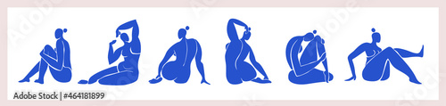 Female abstract figures inspired by Henry Matisse. Cut out blue female full bodies in various poses. Contemporary vector art isolated on white background.