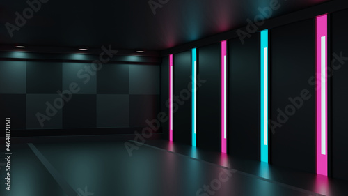 青とピンクのネオンで飾られた部屋 背景 3DCG 斜め視点