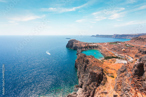 Panorama of the secret beach in Lindos city from the Acropolis, Rhodes island, Greece