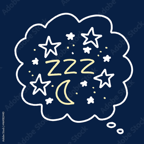 Kids pajama print vector design with handwritten zzz sleep sound imitation and stars in thought bubble frame. Doodle drawing for clothing print or nursery wall art.