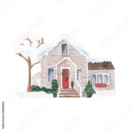 Watercolor Winter house, Christmas home illustration