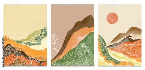 Natural abstract mountain on set with line art. Mid century modern minimalist art print. Abstract backgrounds landscape. vector illustrations