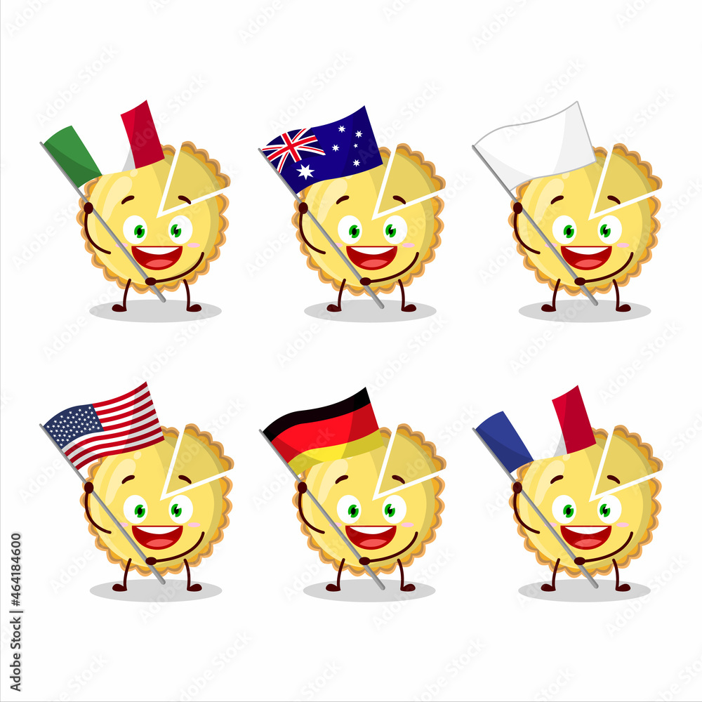 Lemon tart cartoon character bring the flags of various countries Lemon tart cartoon character bring the flags of various countries