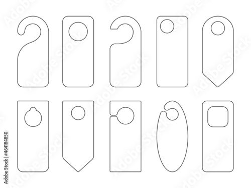Hotel door hanger tags outline template icon signs set flat style design vector illustration. Empty door flyer or do not disturb mock up isolated on white background.
