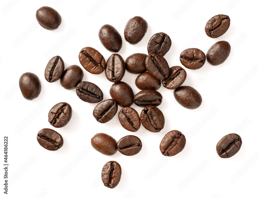 roasted coffee beans isolated on white background, top view roasted coffee beans isolated on white background, top view