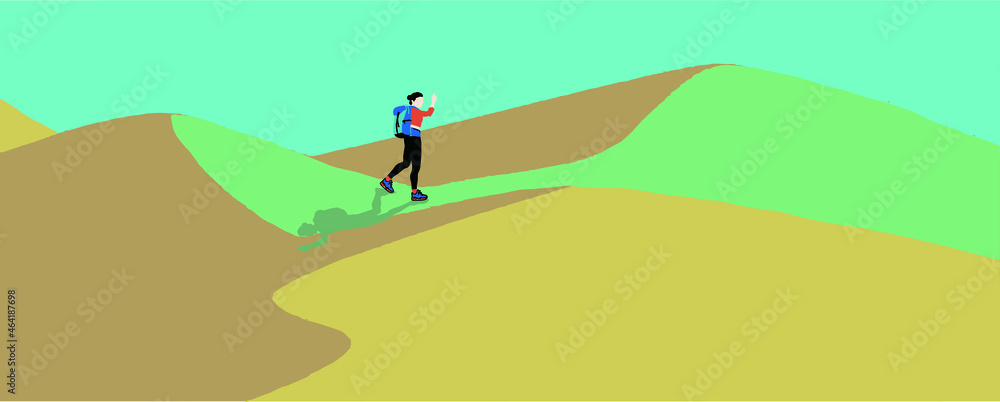 girl goes hiking, wears orange top, blue backpack, walking on the mountain, a higher mountain ahead, she is raising her right arm upwards. Show courage to face challenges, isolated vector.