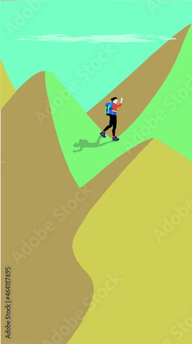 girl goes hiking, wears orange top, blue backpack, walking on the mountain, a higher mountain ahead, she is raising her right arm upwards. Show courage to face challenges, isolated vector. © libera caballo