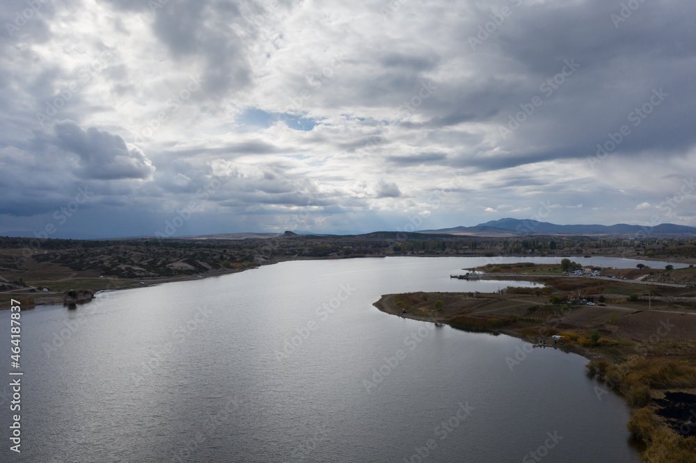 Fototapeta premium Emre Lake (Gölü) Historical Phrygian (Frig) valley within the boundaries of nature park a beautiful pond where you can have fun with bikes, canoe, ATV tours. Aerial view, Afyon - TURKEY