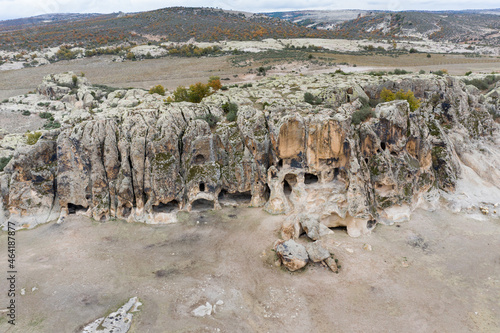 Historical ancient Phrygian (Phrygian Valley, Gordion) Valley. The valley is a popular tourist attraction. Arog movie was shot in these rocks and caves. Aerial view,  Afyon - TURKEY. photo