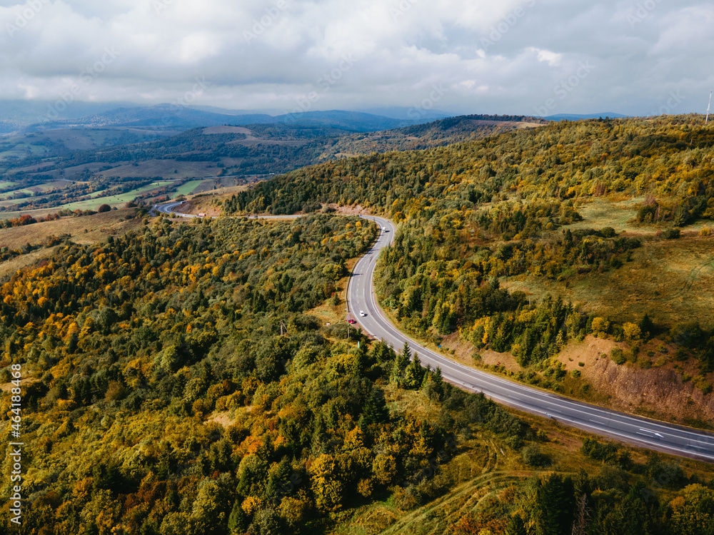 aerial view of speedway road in autumn carpathian mountains aerial view of speedway road in autumn carpathian mountains