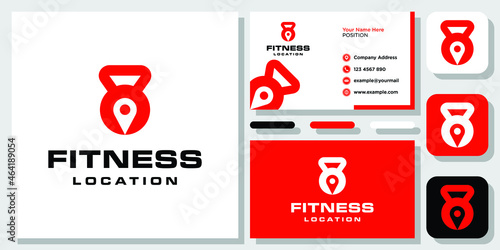 Kettlebell location pin map gym fitness exercise barbell Logo Design with Layout Template Business Card