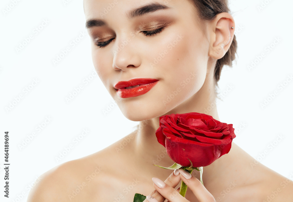 pretty woman bright makeup rose in hand clean skin posing pretty woman bright makeup rose in hand clean skin posing