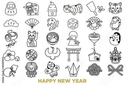 正月と年賀状の縁起物アイコンセット