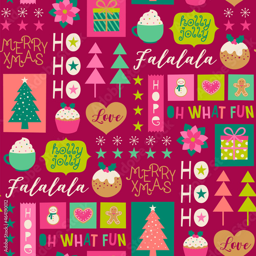 Cute christmas elements and typography design seamless pattern.
