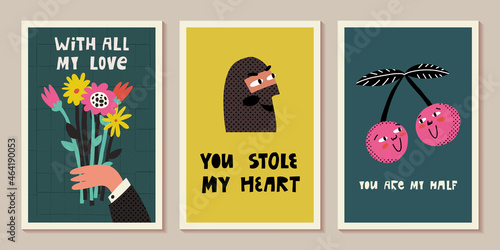 Valentine's Day cards. With all my love lettering, a bunch of flowers, You stole my heart and a thief, You are my half.