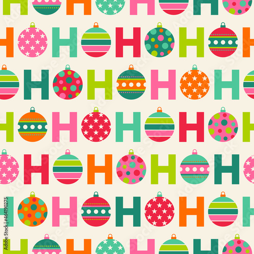 Colorful “Hohoho” with christmas balls seamless pattern. Santa claus laugh.