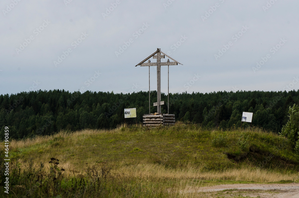 August, 2021 - Kehta. Worship cross in the homeland of Anthony of Siysk. Russia, Arkhangelsk region, Kholmogorsky district 