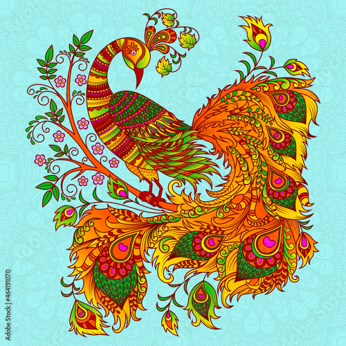 Vector illustration. Decorative firebird on a beige background. A bright fairy bird, a mythical creature phoenix on a flowering branch.