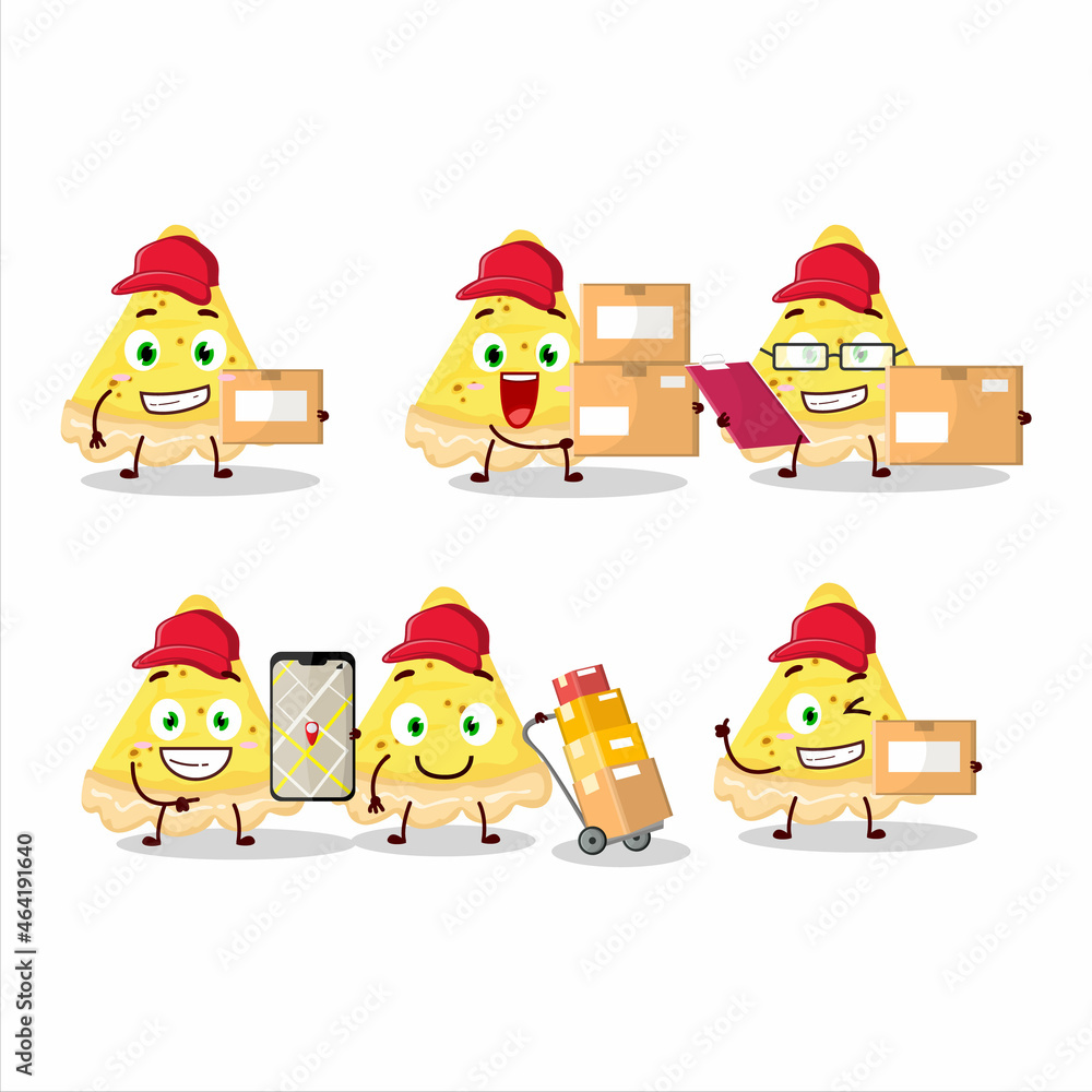 Fototapeta premium Cartoon character design of slice of cheese tart working as a courier
