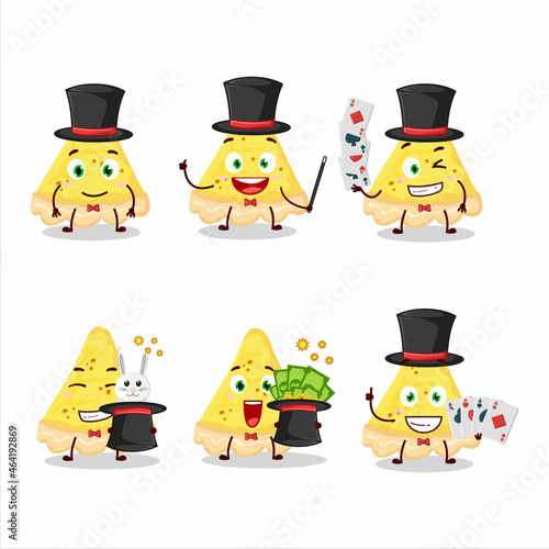 A slice of cheese tart Magician cartoon character perform on a stage