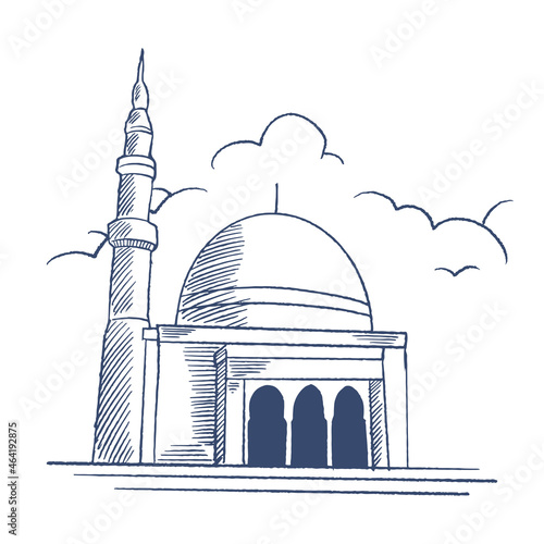 Vector hand sketched illustration. A mosque for ramadan greetings card isolated on white background. Islamic mosque engraved hand drawn in old sketch, vintage style