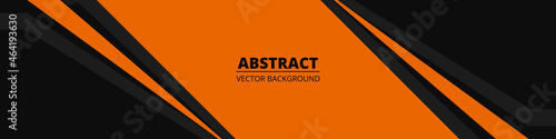 Black abstract wide horizontal banner with orange and gray lines and shapes. Dark modern sporty bright futuristic horizontal abstract background. Wide vector illustration EPS10.