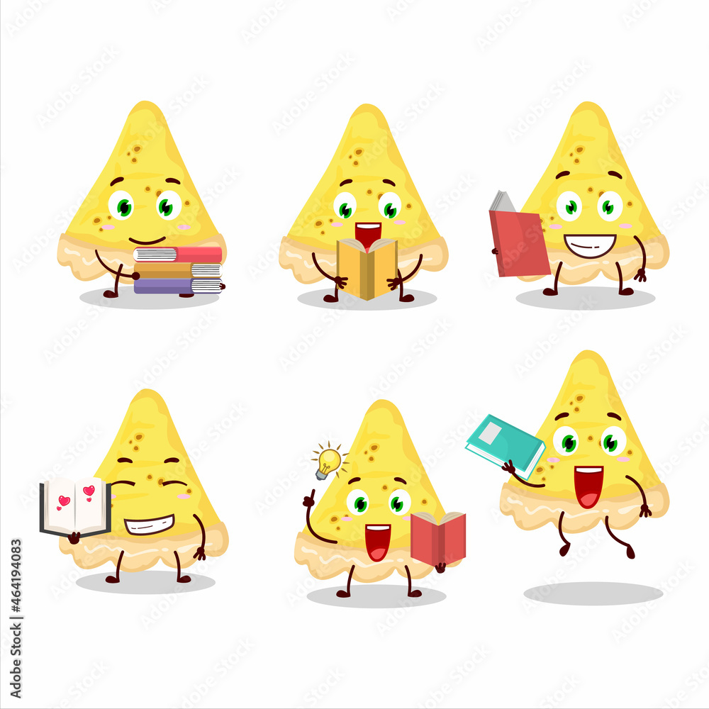 A picture of slice of cheese tart cartoon character concept reading an amusing book A picture of slice of cheese tart cartoon character concept reading an amusing book