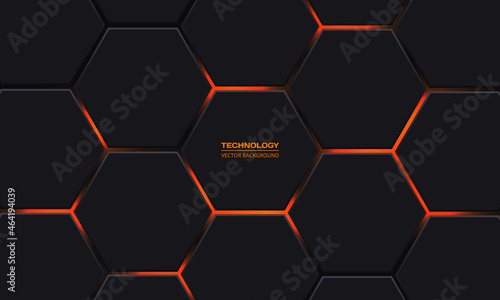Dark gray hexagonal technology vector abstract background. Orange bright energy flashes under hexagon in modern technology futuristic background vector illustration. Dark gray honeycomb texture grid.