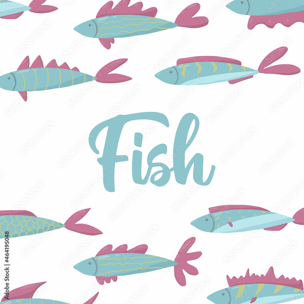 Childrens hand-drawn poster with cute slaves. Background with fishes and an inscription. The illustration is suitable for postcards, posters, banners, prints. Childrens hand-drawn poster with cute slaves. Background with fishes and an inscription. The illustration is suitable for postcards, posters, banners, prints.