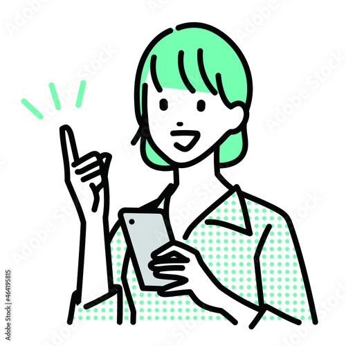 スマホを持って指を指す女性