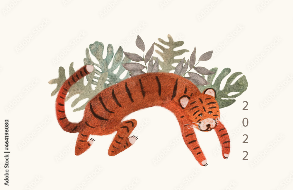 Card with watercolor tiger and monstera palm leaves. Cartoon characters of wild nature. The tiger is the symbol of the 2022 New Year. Card with watercolor tiger and monstera palm leaves. Cartoon characters of wild nature. The tiger is the symbol of the 2022 New Year.