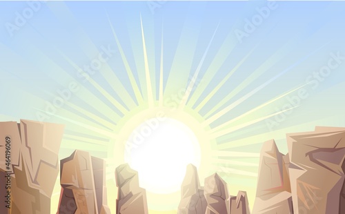 Rocky cliffs. Peaks of rocky mountains. Stone landscape. lights of a sun. Illustration vector
