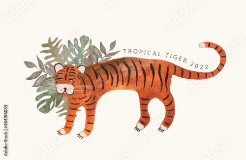 Card with watercolor tiger and monstera palm leaves. Cartoon characters of wild nature. The tiger is the symbol of the 2022 New Year.