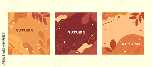 A set of flat autumn postcards with foliage in warm colors. Vector illustration.