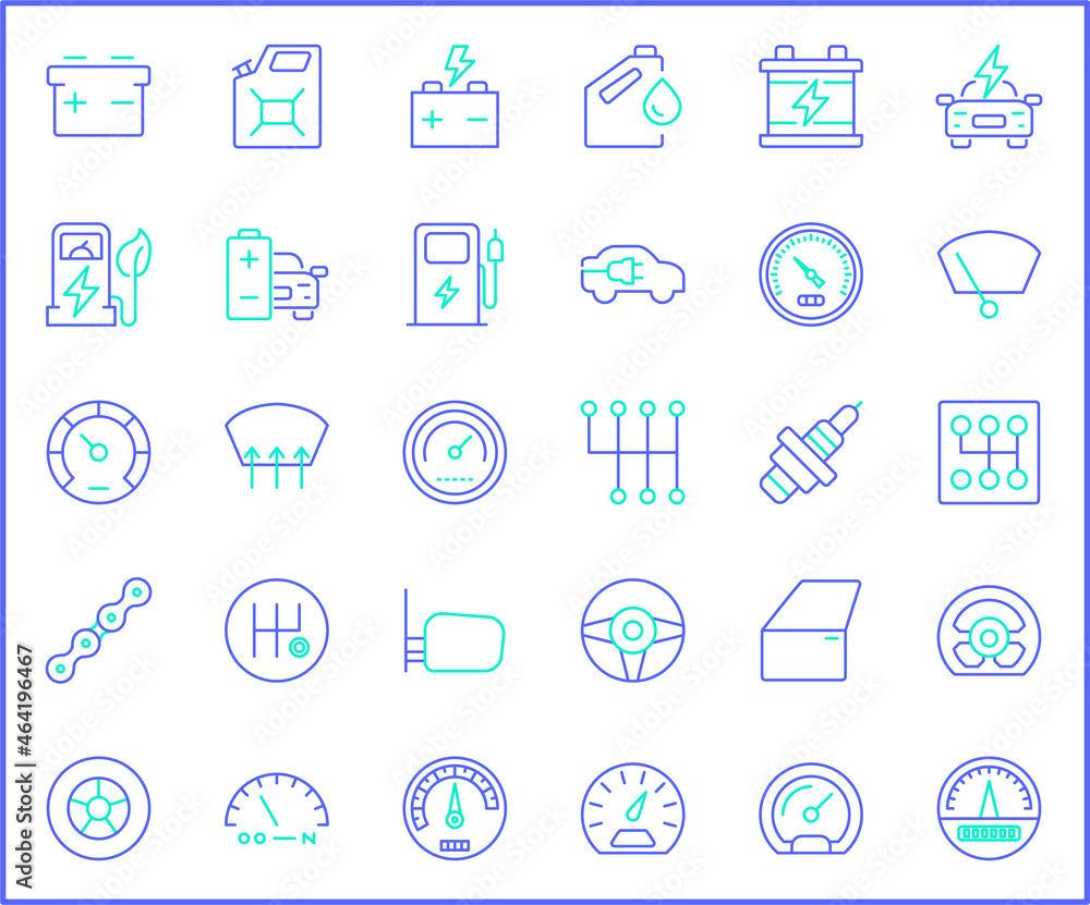 Set of Car parts and car service icons line style. It contains such Icons as speed meter, electric car, EV charging, station, energy, battery, oil, chain and other elements. Set of Car parts and car service icons line style. It contains such Icons as speed meter, electric car, EV charging, station, energy, battery, oil, chain and other elements.