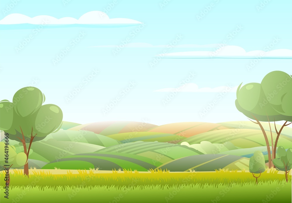 Rural harvest landscape. Farm garden and fruit trees. Foggy distance. Funny cartoon design illustration. Suburban sceneries. Flat style. Vector.