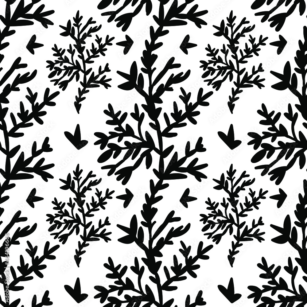 Fototapeta premium Vector seamless pattern with Winter botanicals hand drawn black line. Christmas repeating print with plants in doodle style.Design for textiles,packaging,social media,wrapping paper,scrapbook paper.