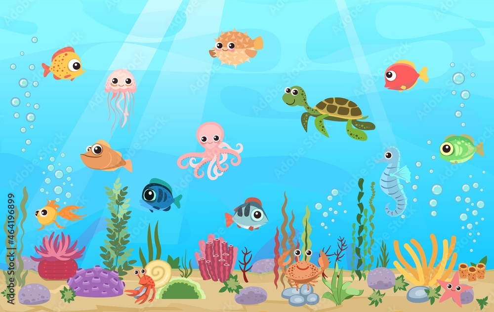 Obraz premium Bottom of reservoir with fish. Blue water. Sea ocean. Underwater landscape with animals. plants, algae and corals. Cartoon style illusteration. Vector art